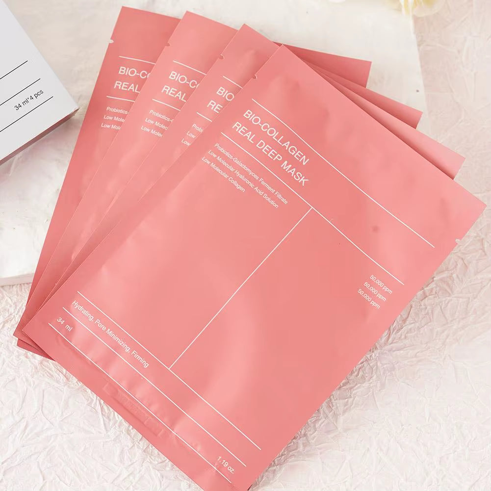 1Box /4Pcs Bio Collagen Face Mask Shrink Pores Deep Hydrating Overnight Mask Moisturizing Refreshing Brightening Face Skin Care