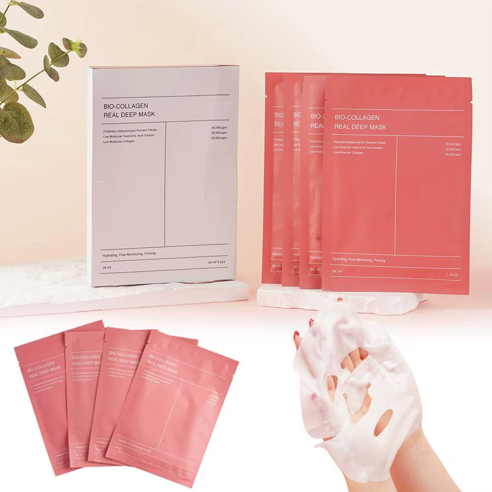 1Box /4Pcs Bio Collagen Face Mask Shrink Pores Deep Hydrating Overnight Mask Moisturizing Refreshing Brightening Face Skin Care